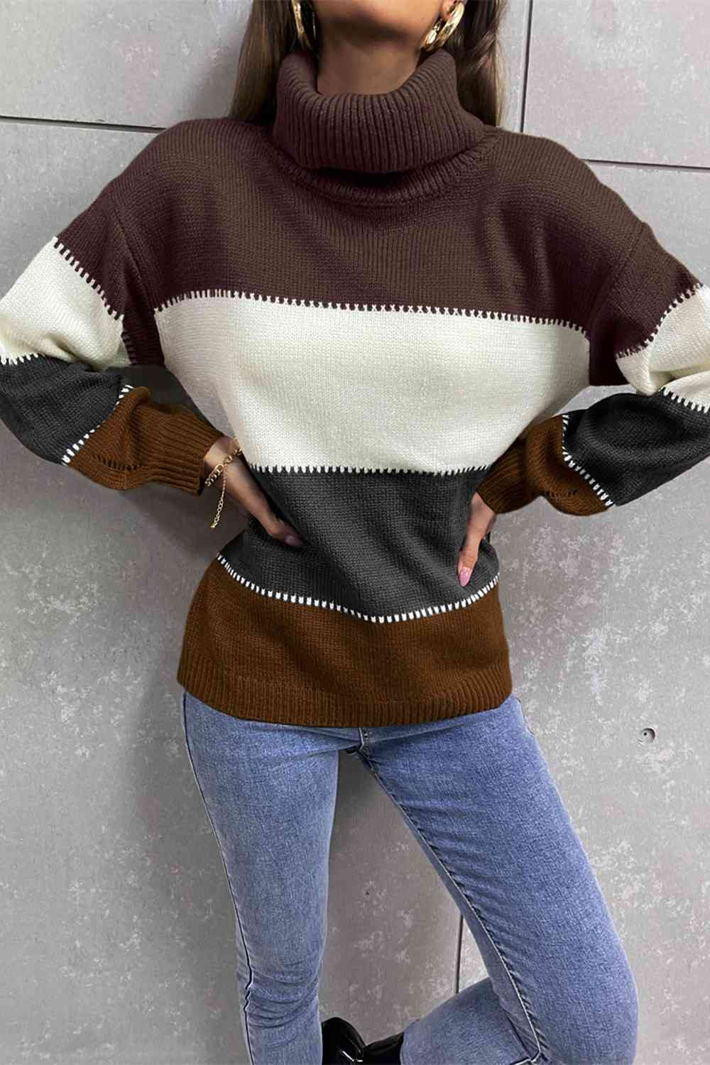 Color Block Lantern Sleeve Turtleneck Sweater - Deals DejaVu