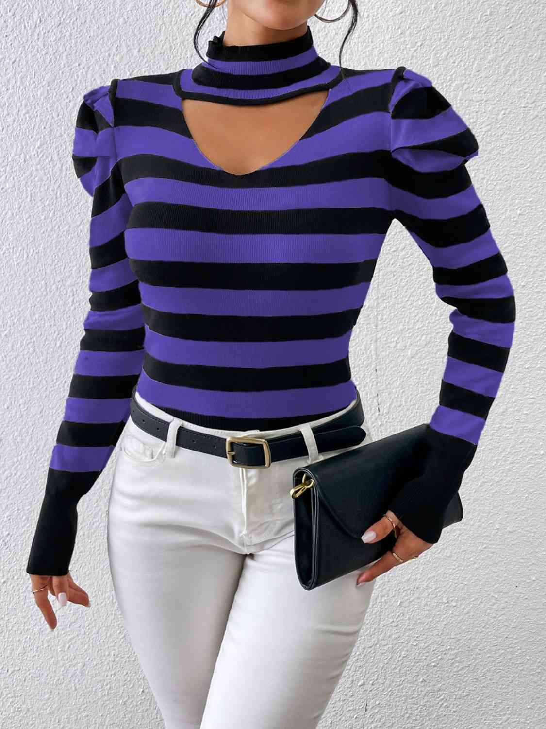 Striped Cutout Mock Neck Knit Top - Deals DejaVu