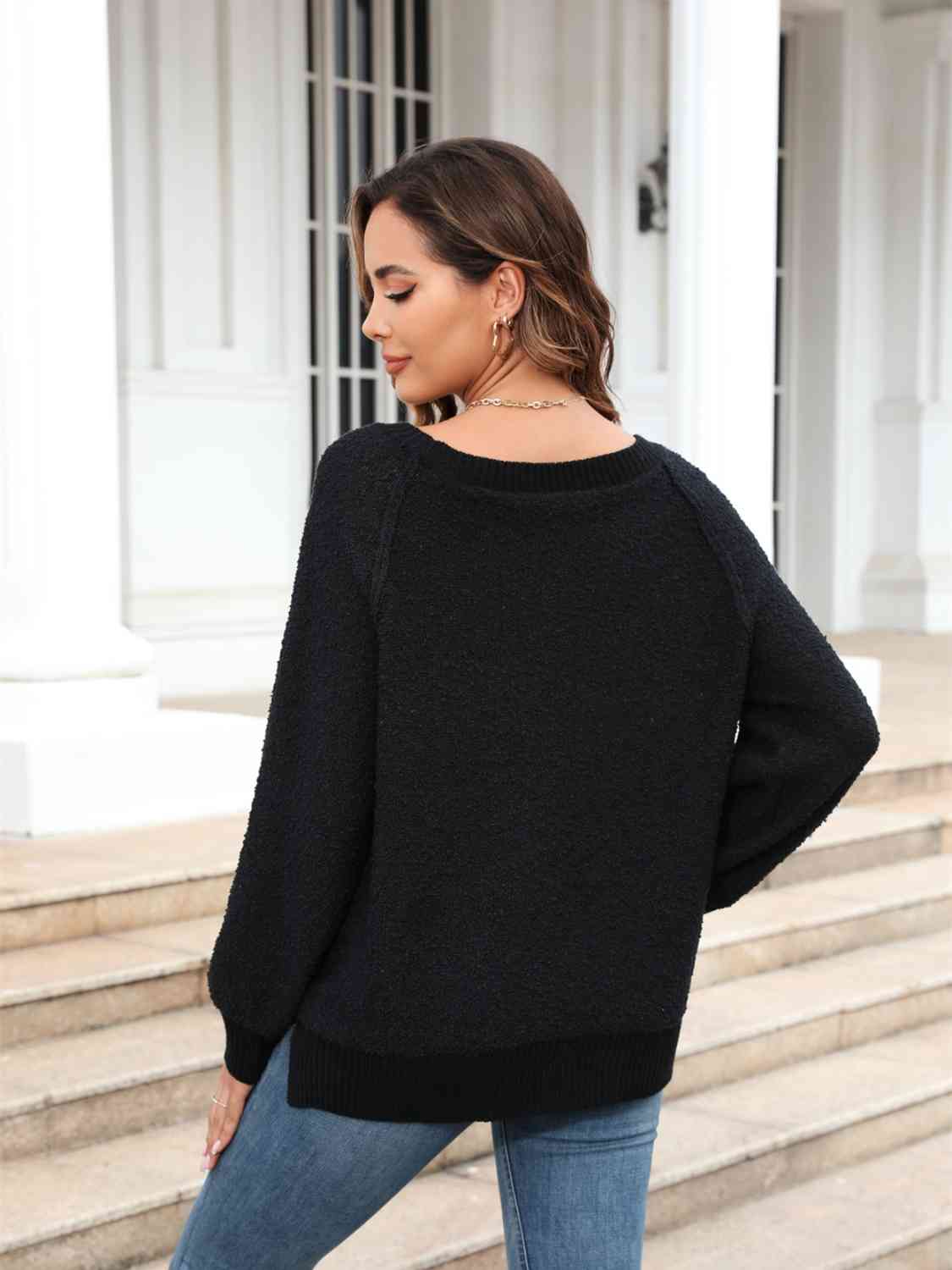 Round Neck Ribbed Trim Sweater - Deals DejaVu