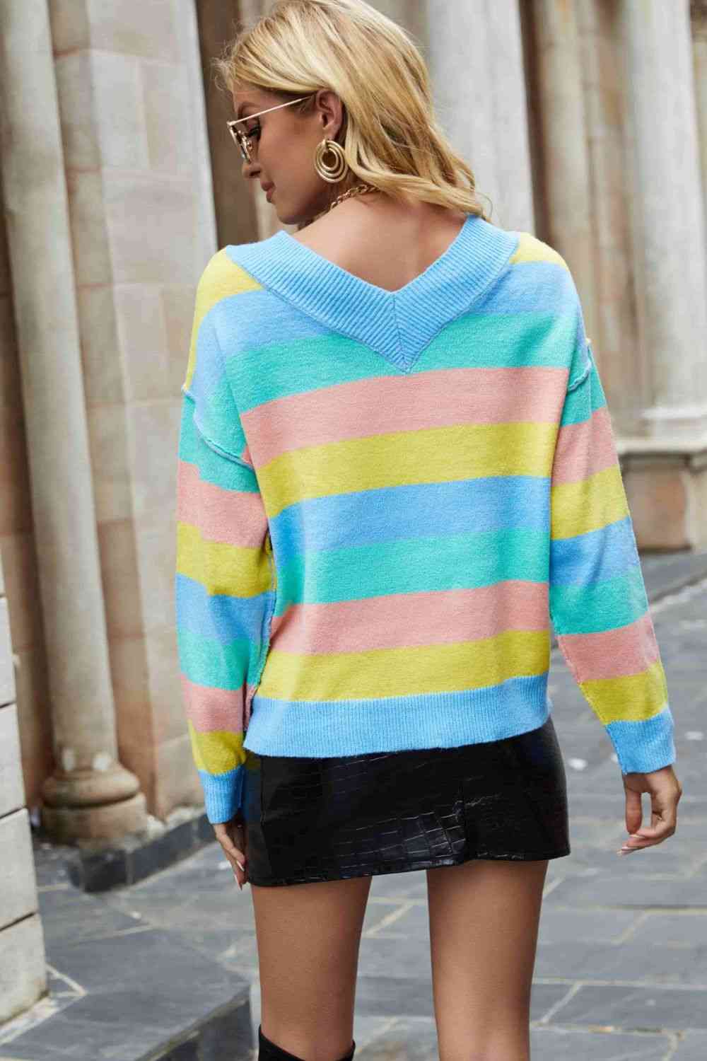 Rainbow Stripe Exposed Seam V-Neck Sweater - Deals DejaVu