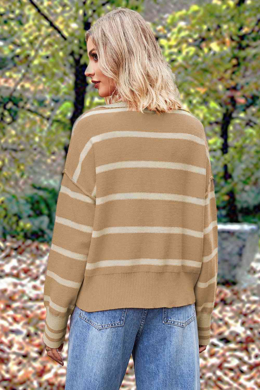 Striped Collared Long Sleeve Sweater - Deals DejaVu