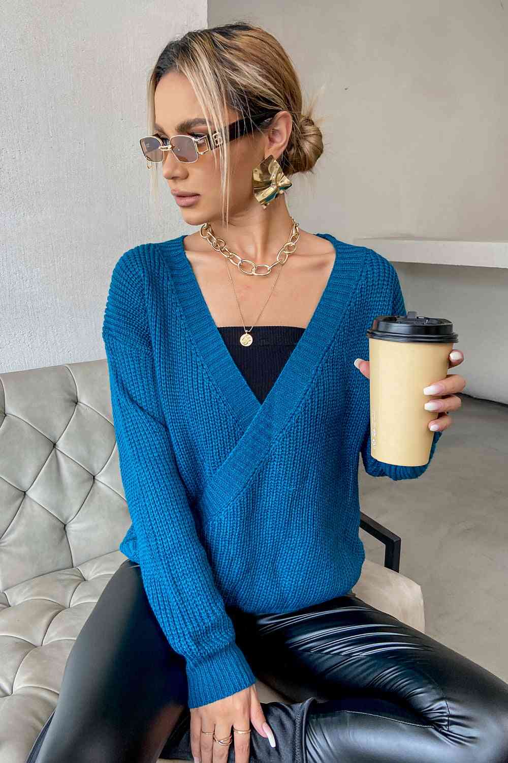 Double Take Surplice Neck Dropped Shoulder Sweater