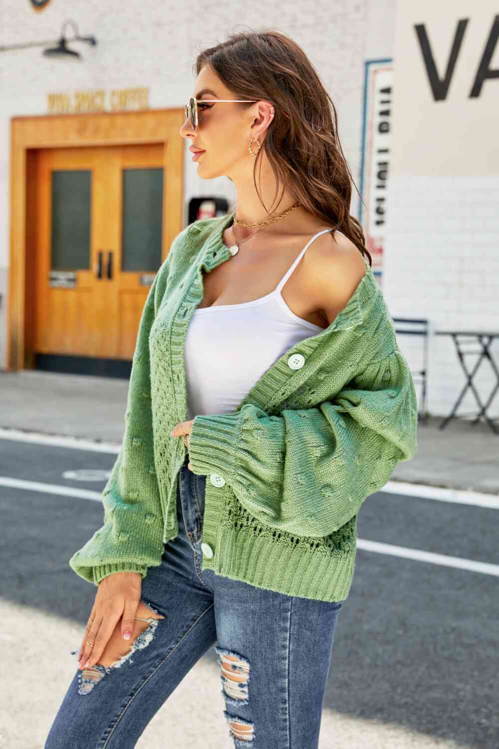 Woven Right Openwork Pompom Puff Sleeve Cardigan - Deals DejaVu