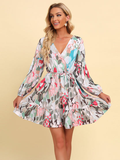 Full Size Printed Tie-Waist Puff Sleeve Surplice Dress (BWD)(WS06)T - Deals DejaVu