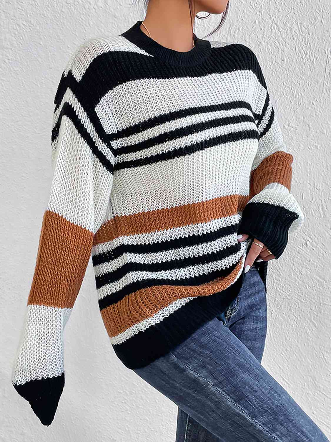 Striped Round Neck Sweater - Deals DejaVu