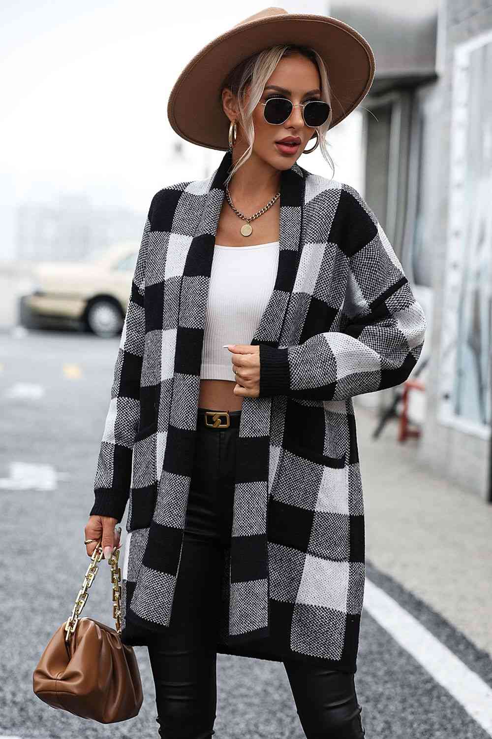 Plaid Dropped Shoulder Cardigan with Pocket - Deals DejaVu