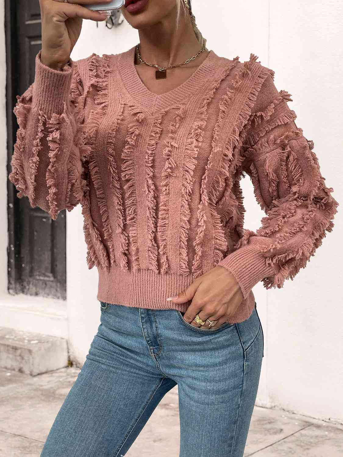 Frill Trim V-Neck Sweater - Deals DejaVu