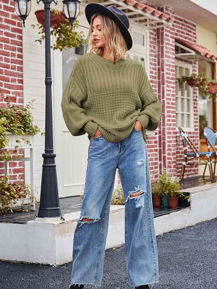 Round Neck Dropped Shoulder Sweater - Deals DejaVu