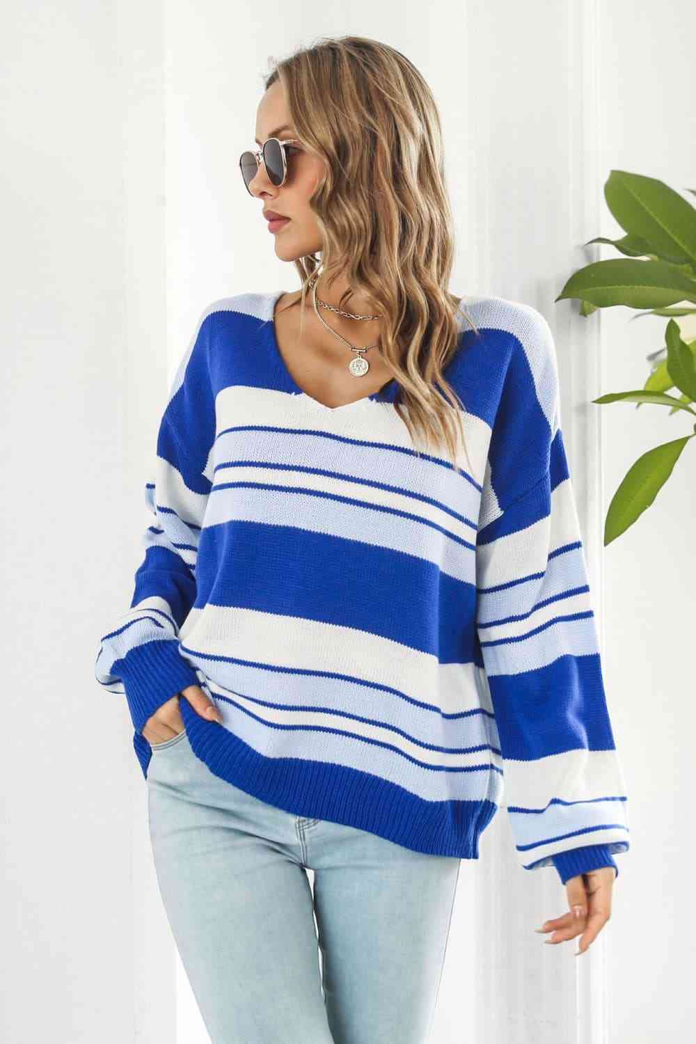 Striped V-Neck Dropped Shoulder Sweater