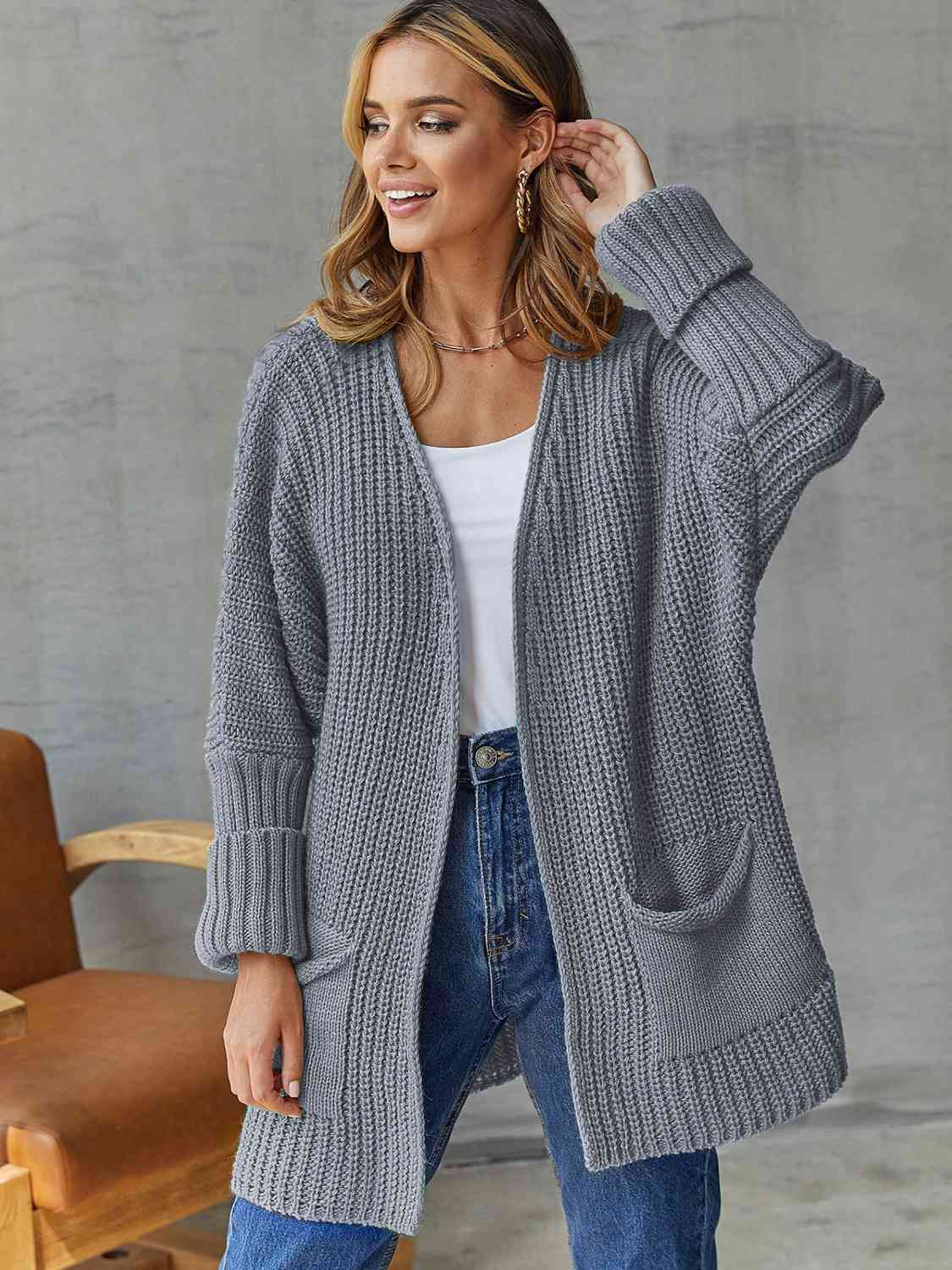 Open Front Long Sleeve Cardigan with Pockets