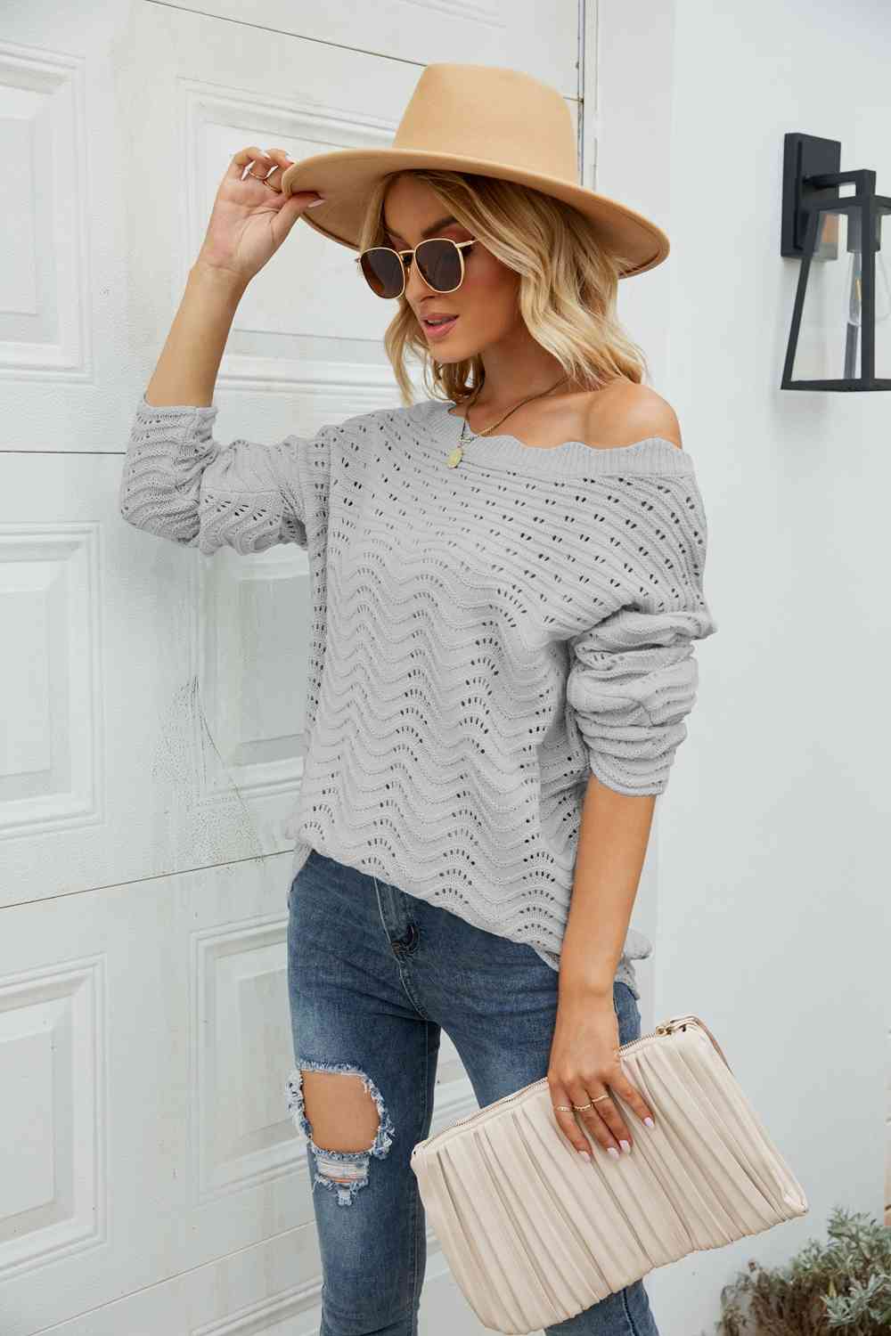 Woven Right Scalloped Boat Neck Openwork Tunic Sweater - Deals DejaVu