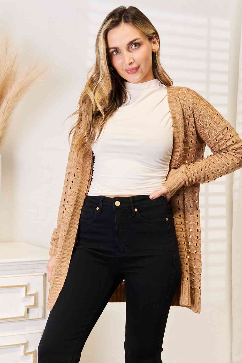 Woven Right Openwork Horizontal Ribbing Open Front Cardigan (BFD) T - Deals DejaVu