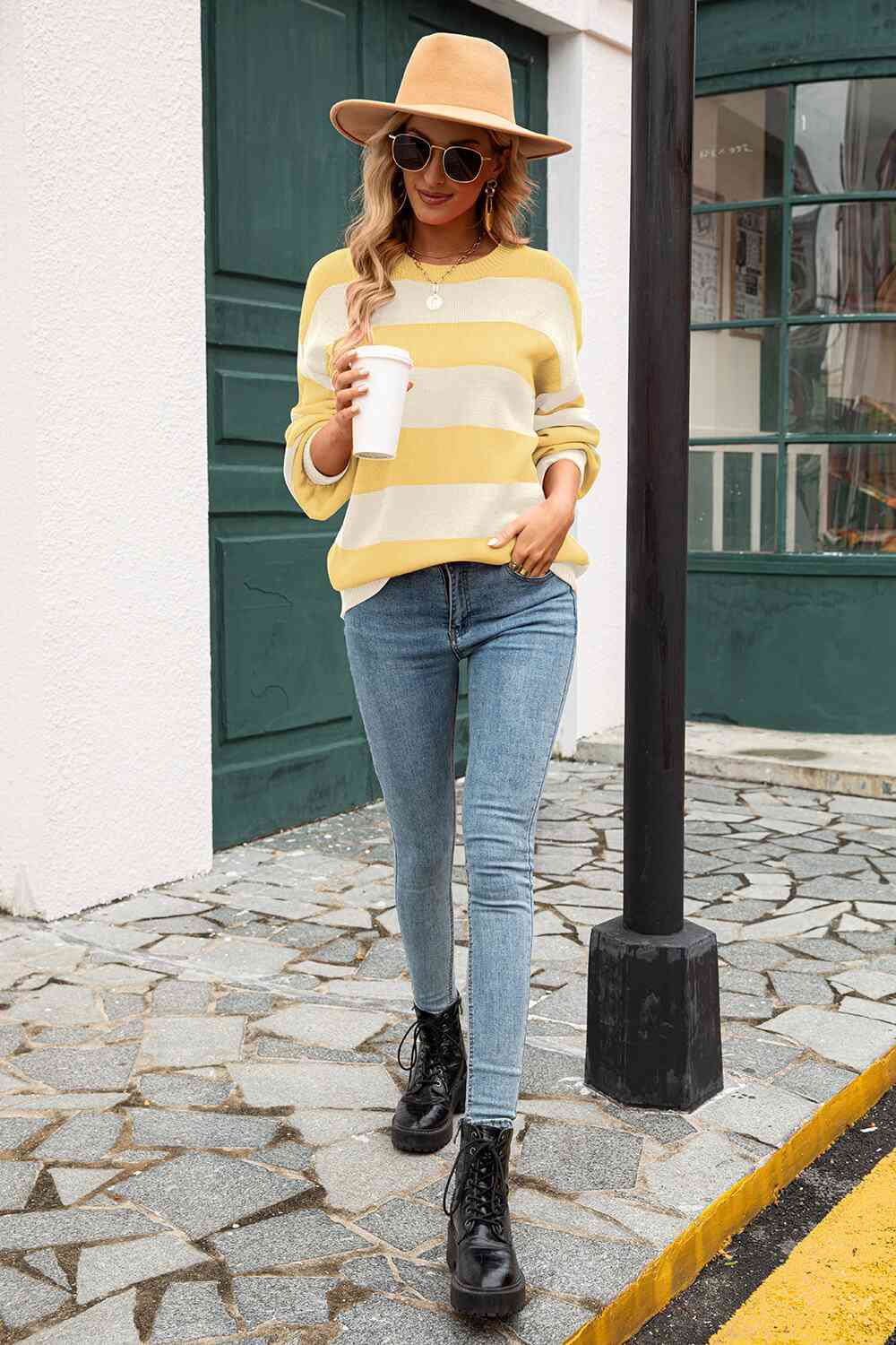 Striped Balloon Sleeve Knit Pullover - Deals DejaVu