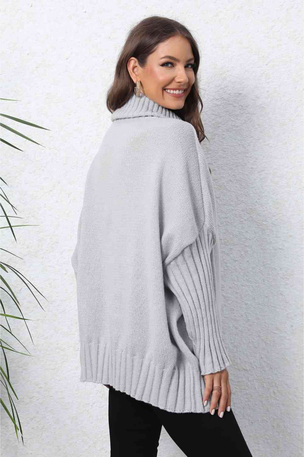 Turtle Neck Long Sleeve Ribbed Sweater - Deals DejaVu