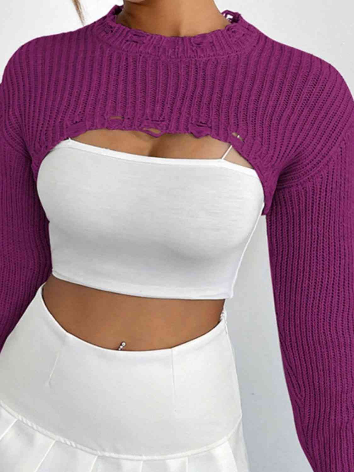 Distressed Long Sleeve Cropped Sweater - Deals DejaVu