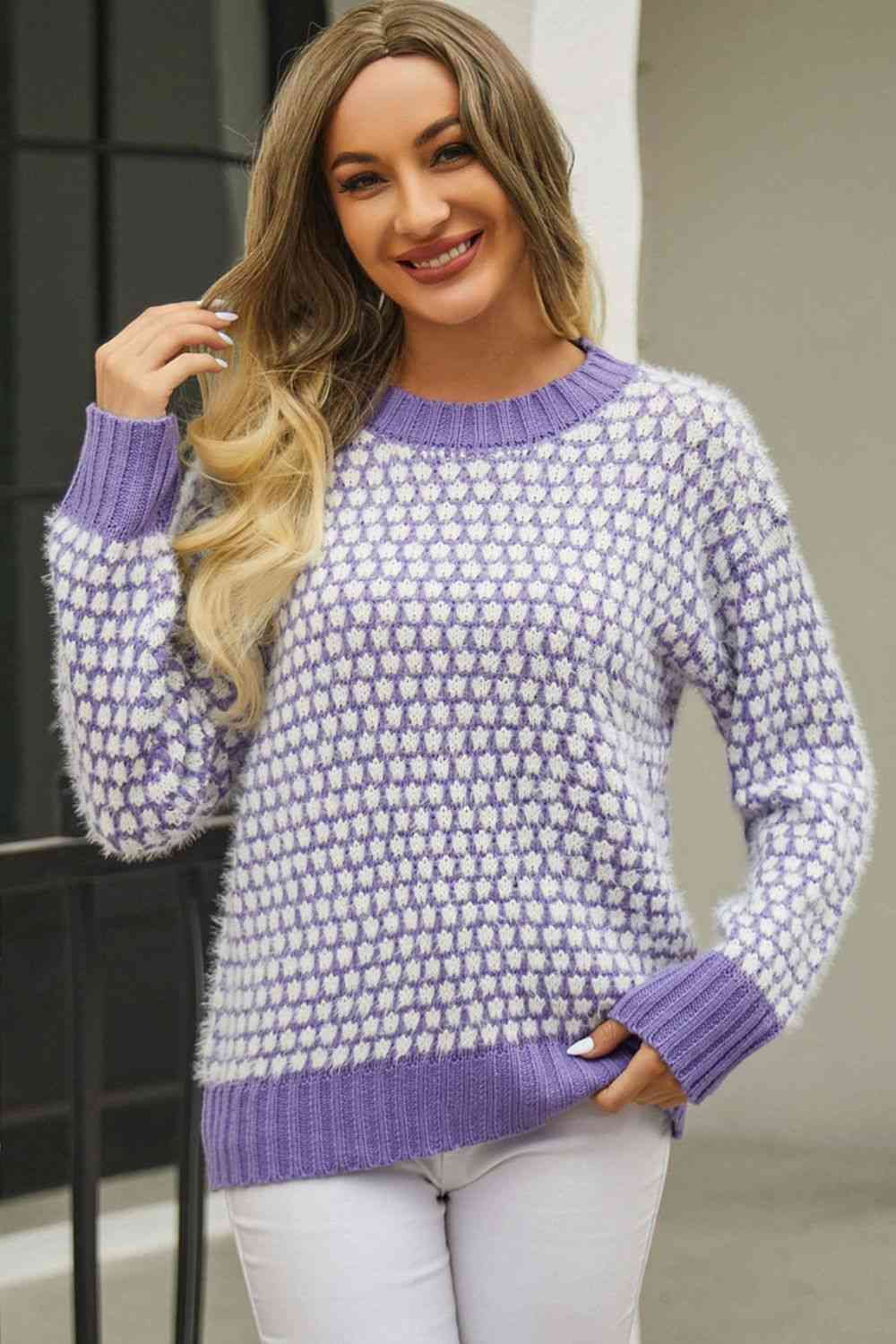 Printed Round Neck Dropped Shoulder Sweater - Deals DejaVu