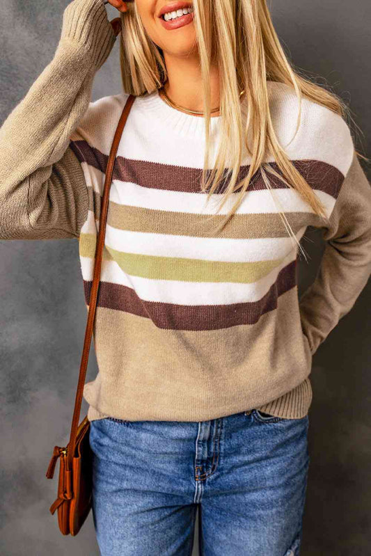 Striped Ribbed Trim Drop Shoulder Sweater - Deals DejaVu