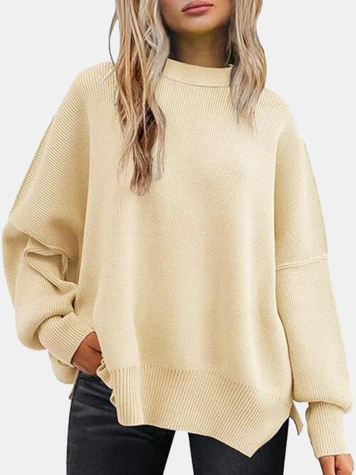 Round Neck Drop Shoulder Slit Sweater (BFD) T - Deals DejaVu