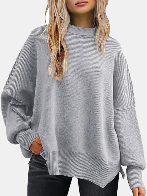 Round Neck Drop Shoulder Slit Sweater (BFD) T - Deals DejaVu