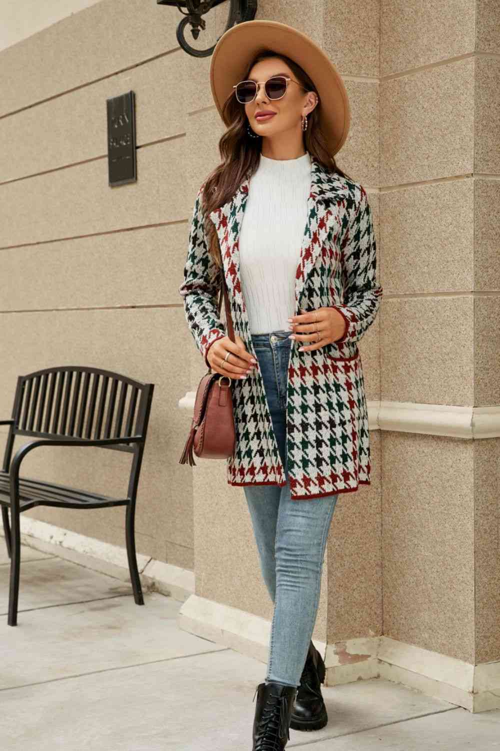 Double Take Printed Open Front Lapel Collar Cardigan with Pockets - Deals DejaVu