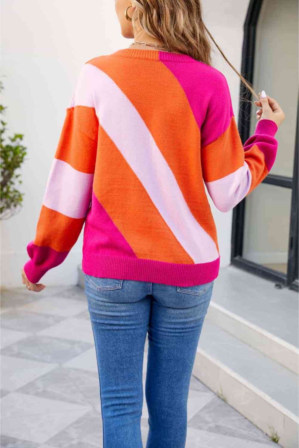 Color Block Ribbed Round Neck Sweater - Deals DejaVu