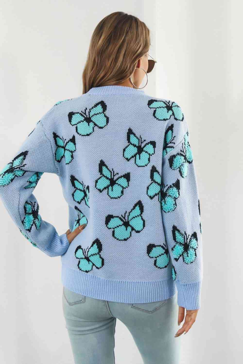 Butterfly Pattern Round Neck Dropped Shoulder Sweater - Deals DejaVu