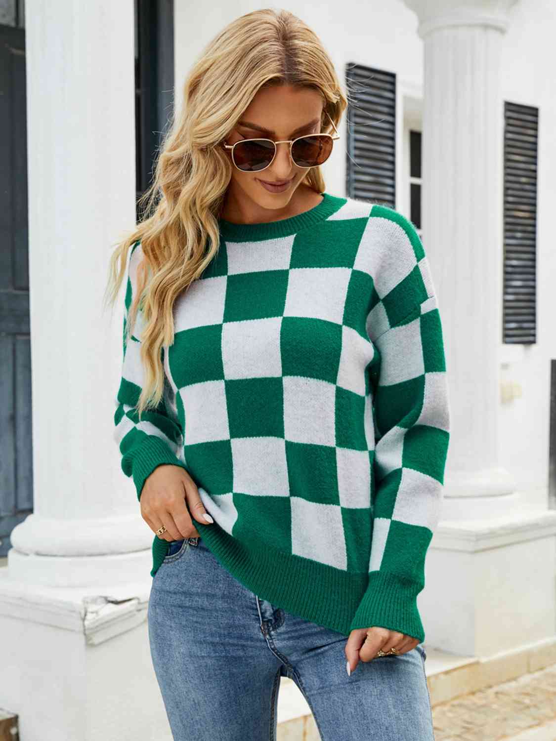 Checkered Round Neck Sweater - Deals DejaVu