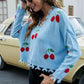 Cherry Pattern Frayed Trim V-Neck Sweater