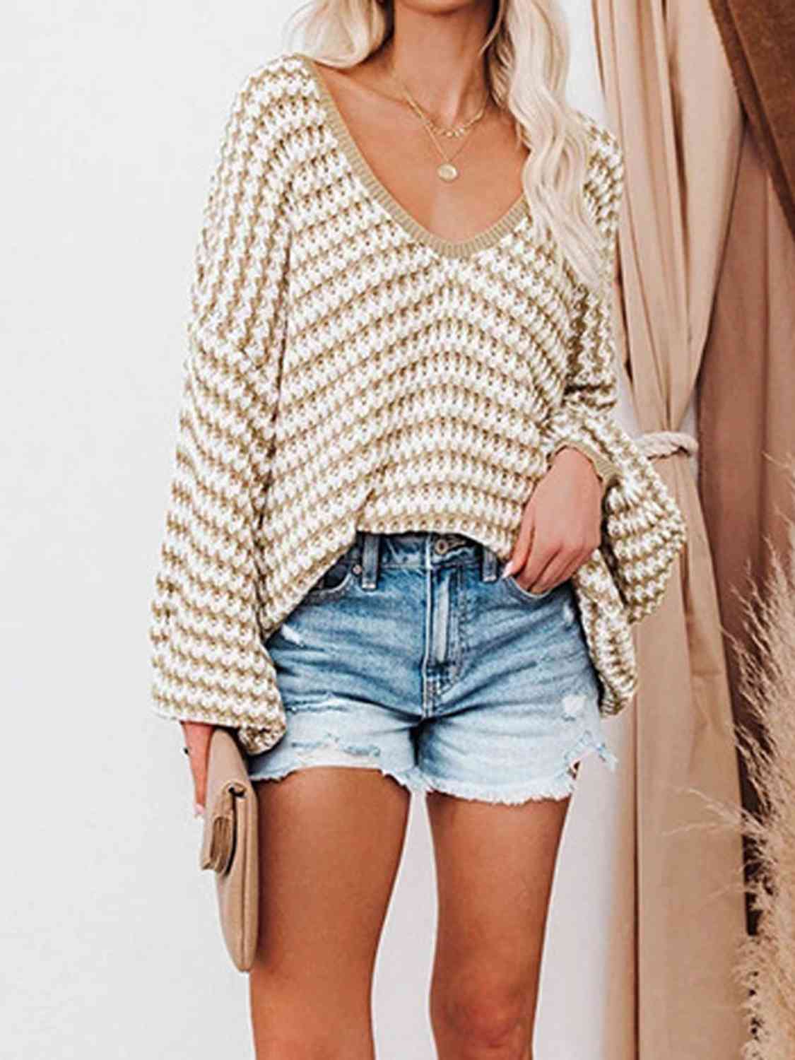 Striped Drop Shoulder V-Neck Sweater - Deals DejaVu