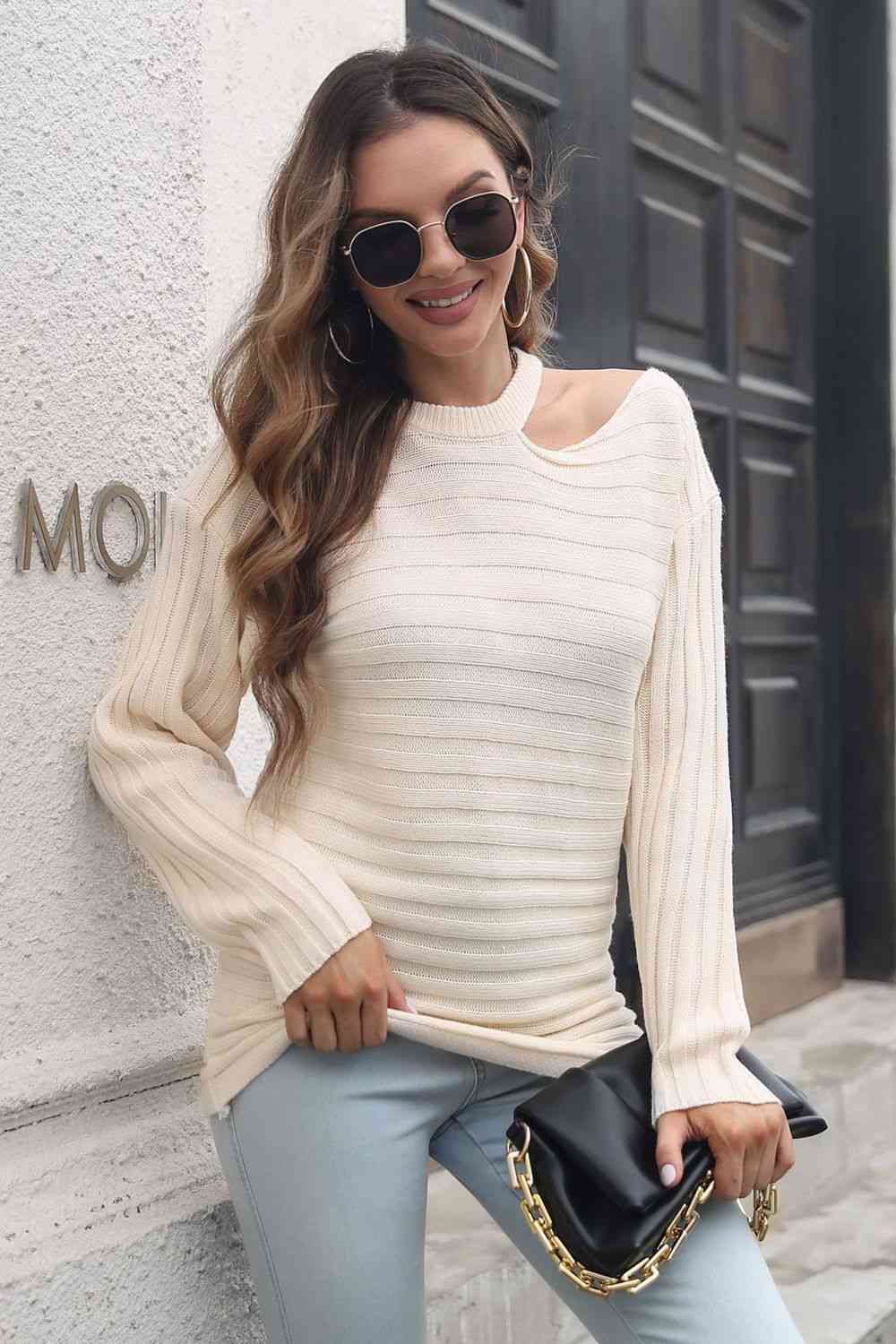 Ribbed Cold Shoulder Round Neck Pullover Sweater - Deals DejaVu