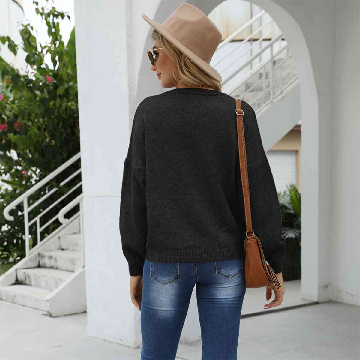 Round Neck Long Sleeve Drop Shoulder Sweater - Deals DejaVu