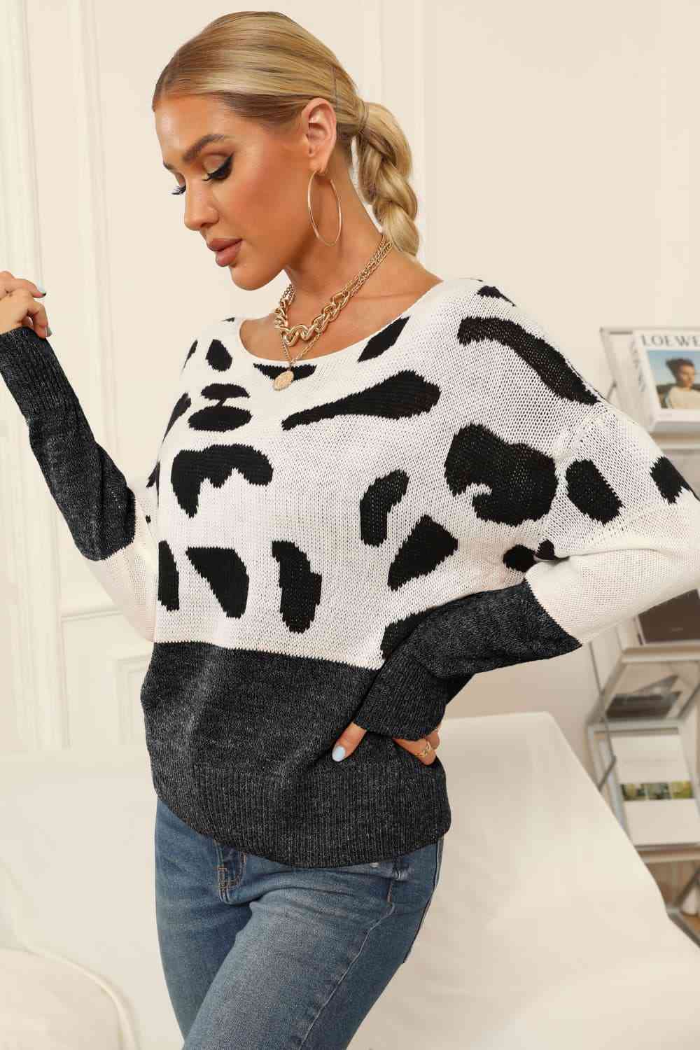 Full Size Two-Tone Boat Neck Sweater - Deals DejaVu