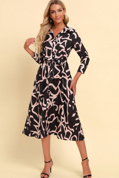 Printed Button Front Belted Midi Dress (BWD)(WS06)T - Deals DejaVu