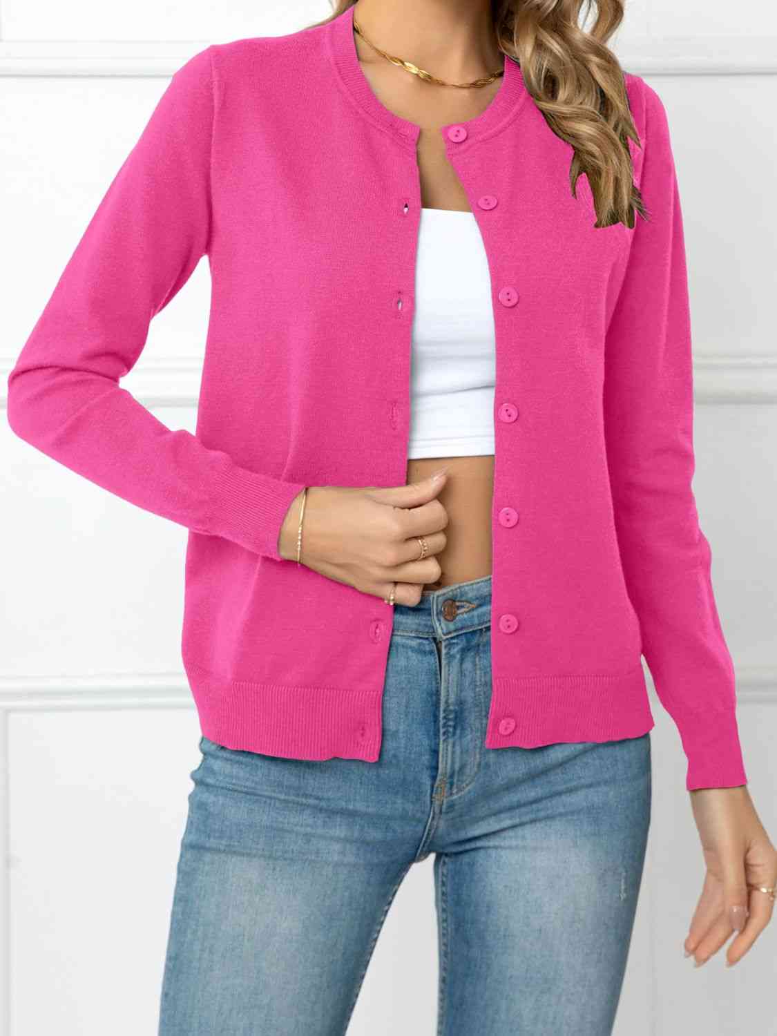 Button Down Round Neck Cardigan - Deals DejaVu