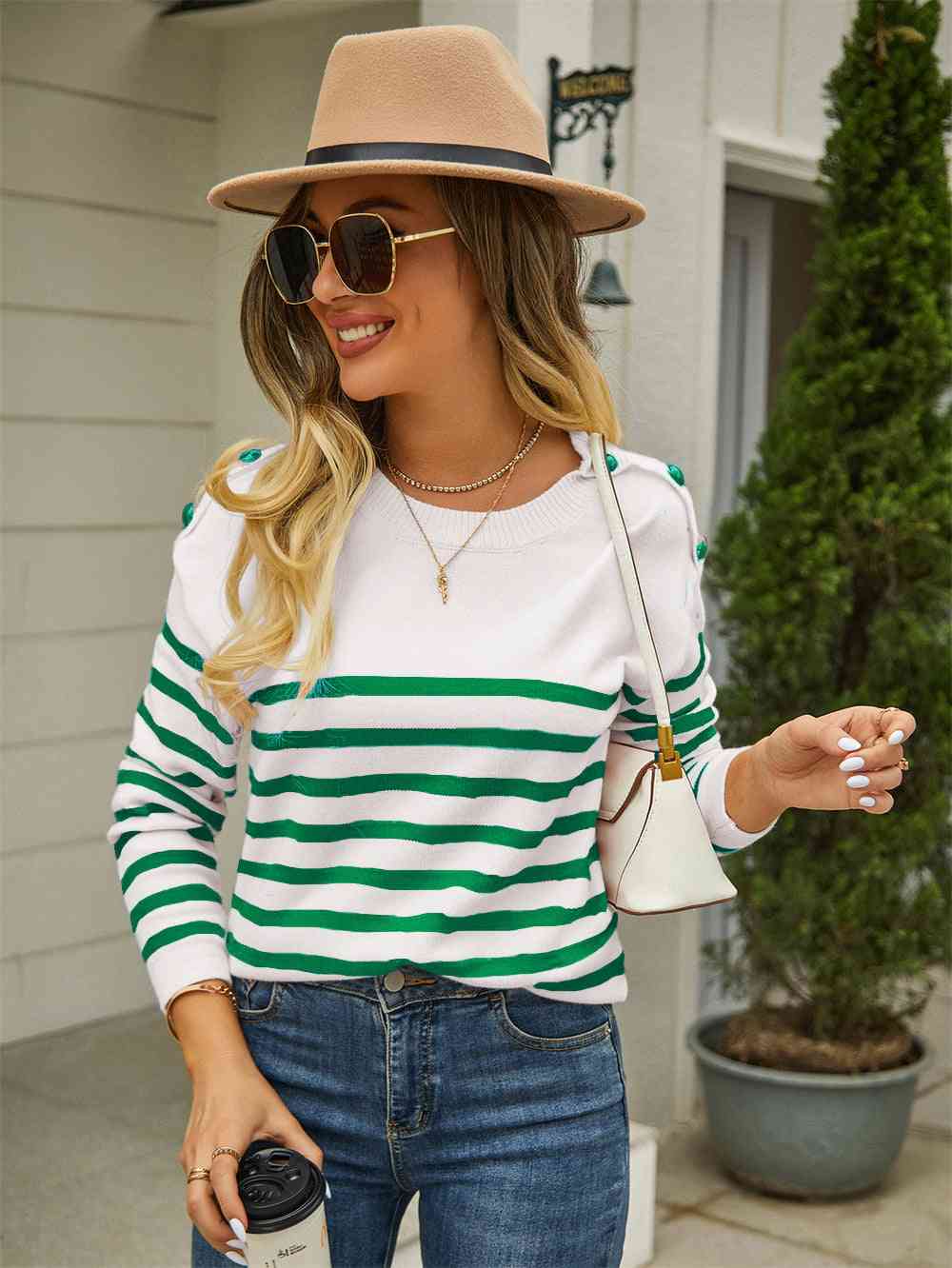 Round Neck Shoulder Button Striped Pullover Sweater - Deals DejaVu