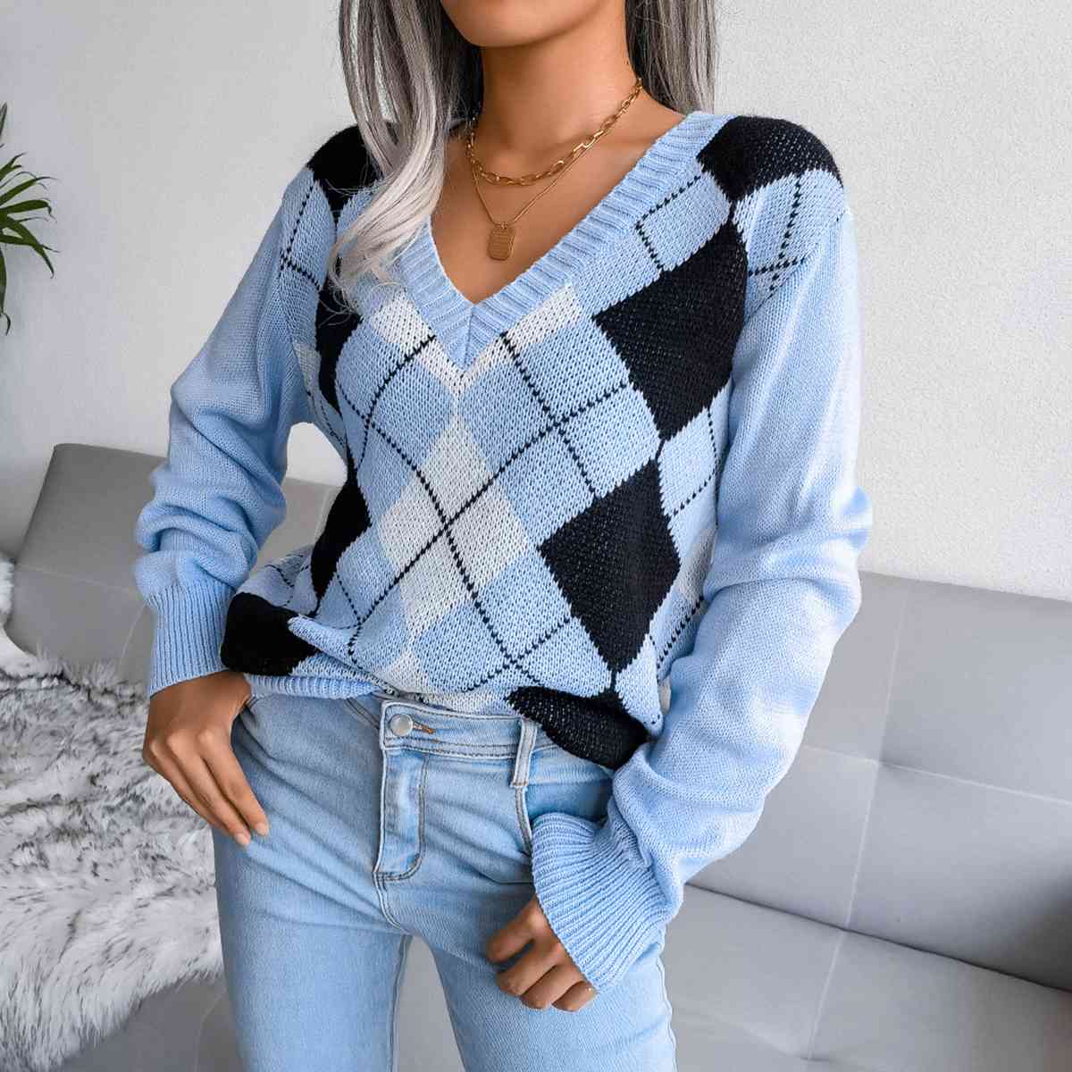 Geometric V-Neck Sweater - Deals DejaVu