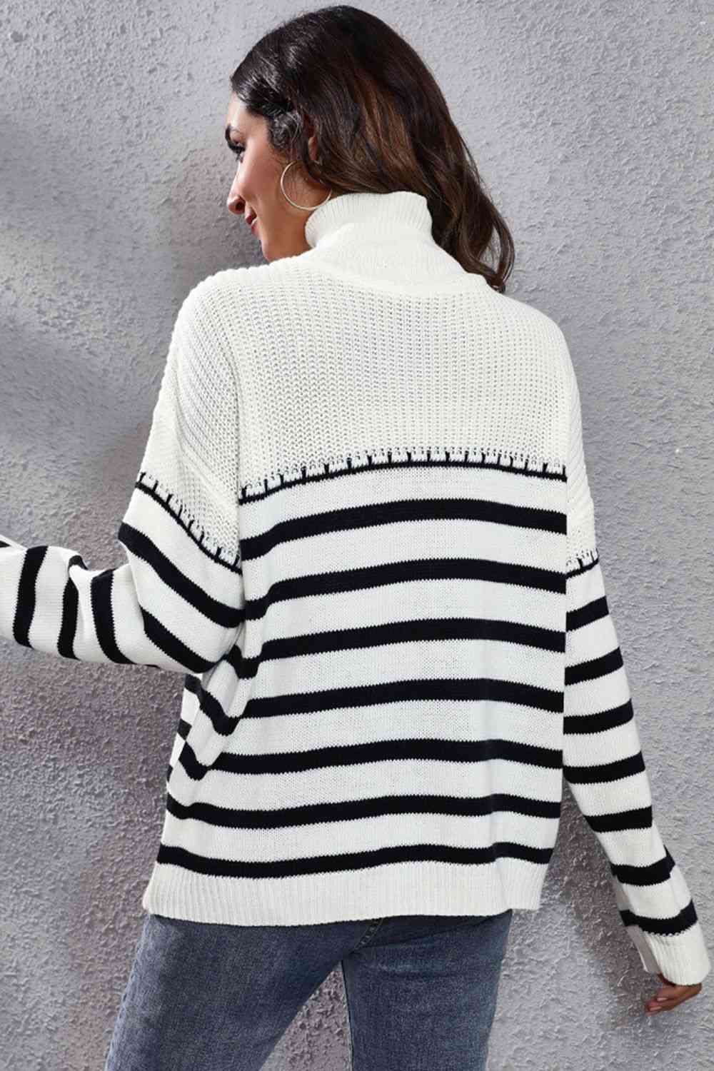 Striped Turtleneck Drop Shoulder Sweater - Deals DejaVu