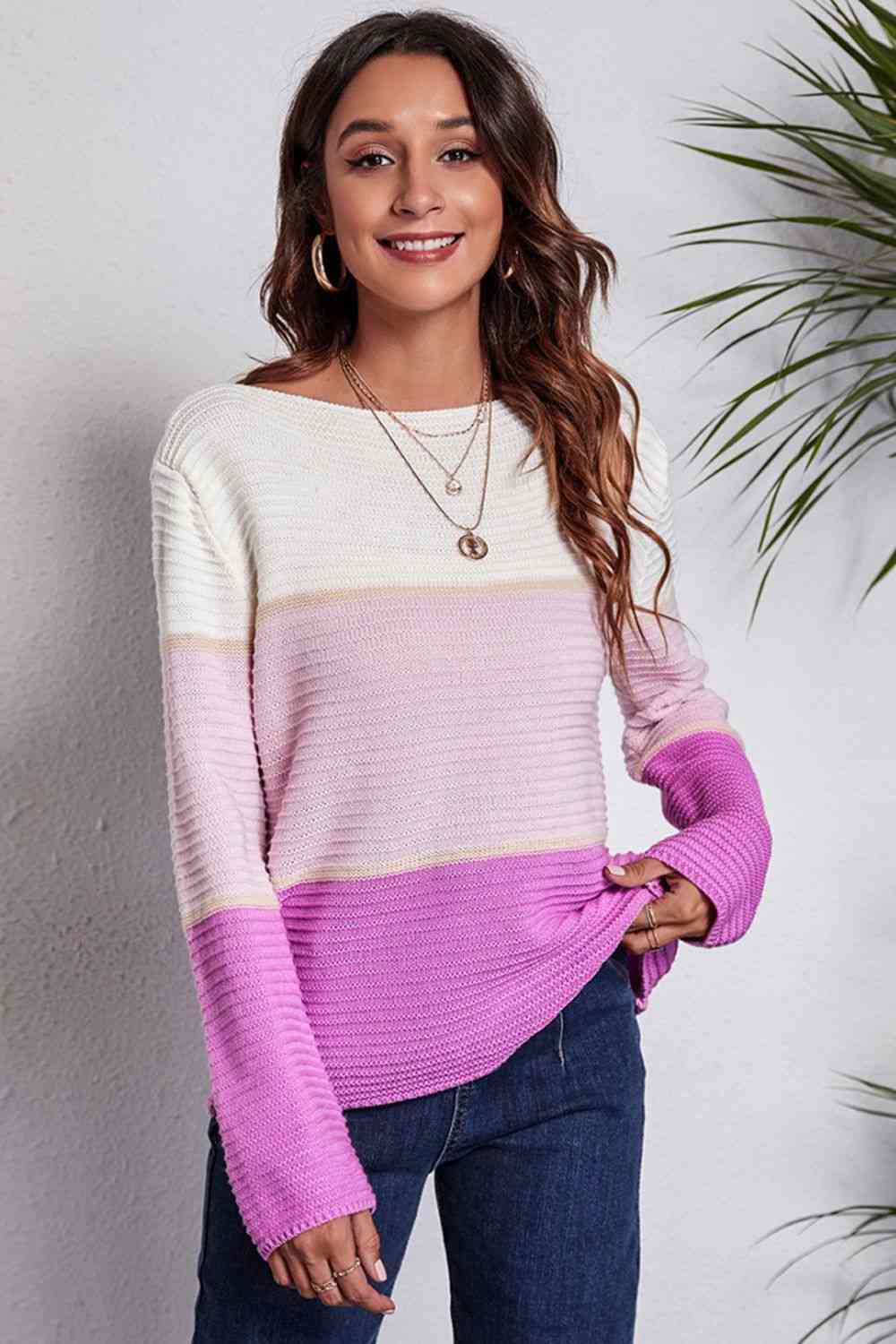 Color Block Horizontal Ribbing Sweater - Deals DejaVu