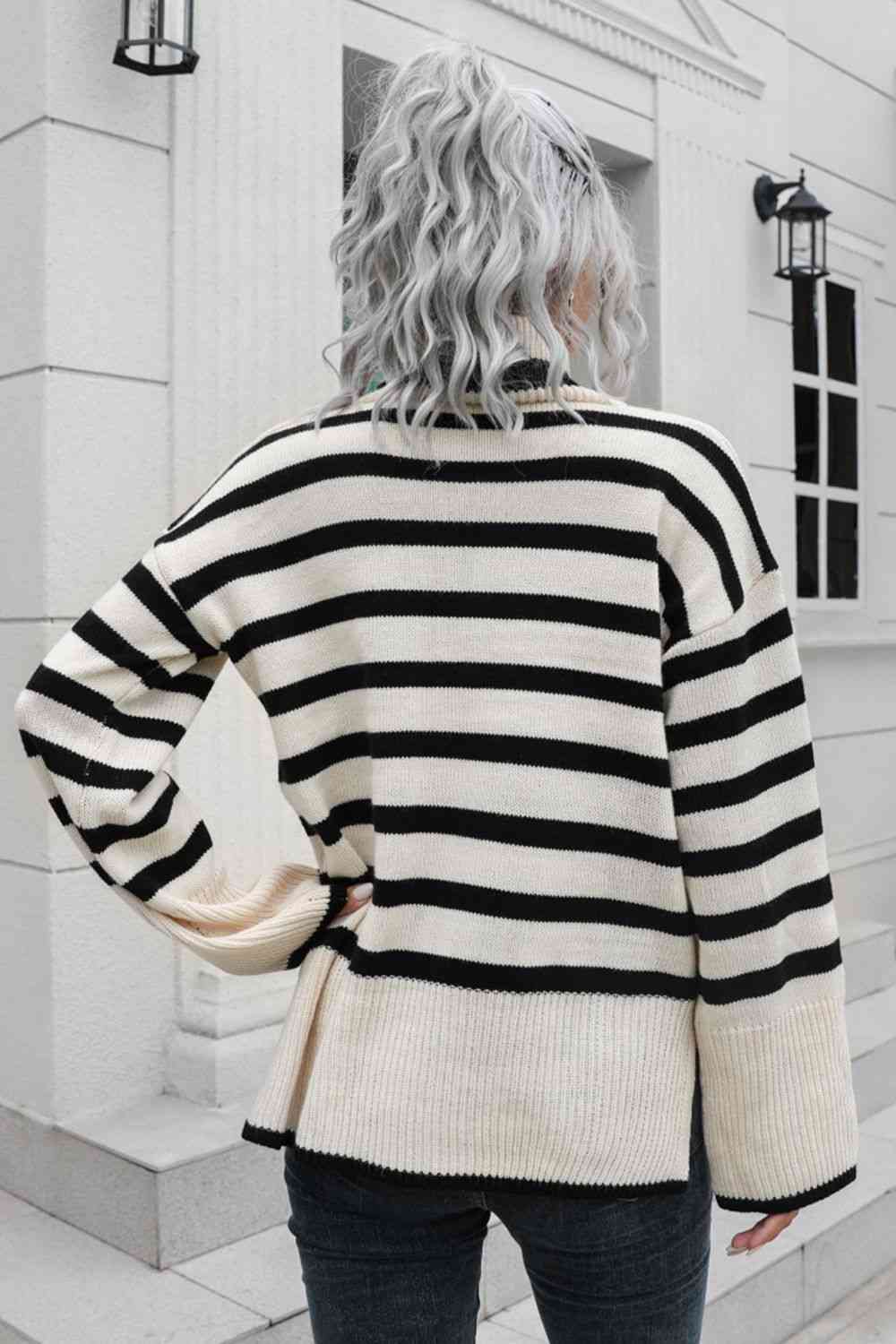 Striped Turtleneck Drop Shoulder Sweater - Deals DejaVu