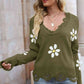 Flower Distressed Ribbed Trim Sweater - Deals DejaVu