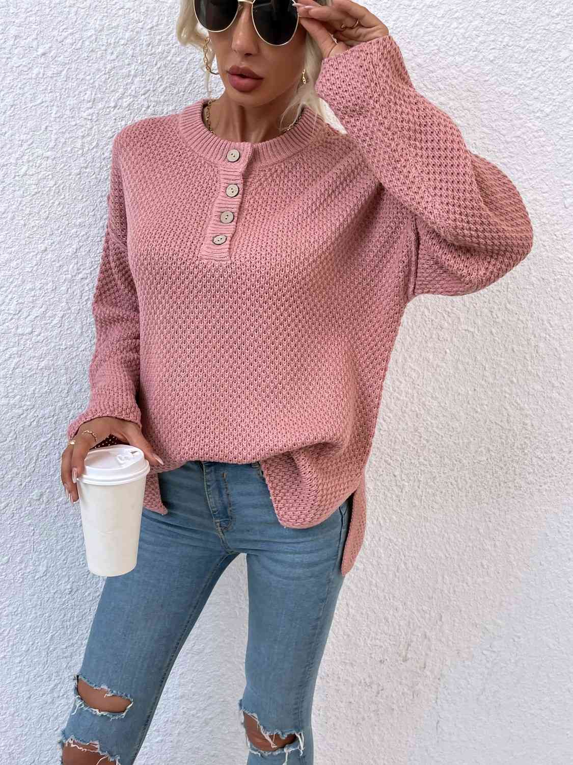 Quarter-Button Slit Sweater