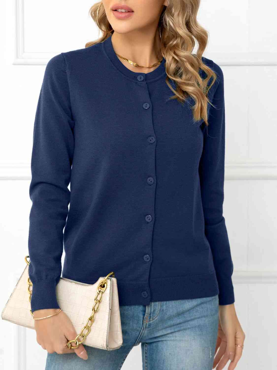 Button Down Round Neck Cardigan - Deals DejaVu