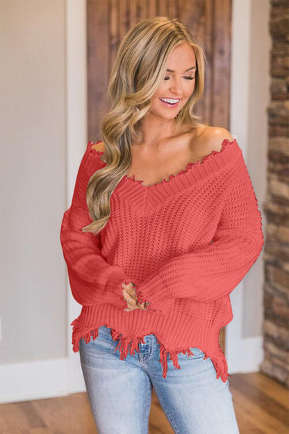 Frayed Hem Dropped Shoulder Sweater - Deals DejaVu