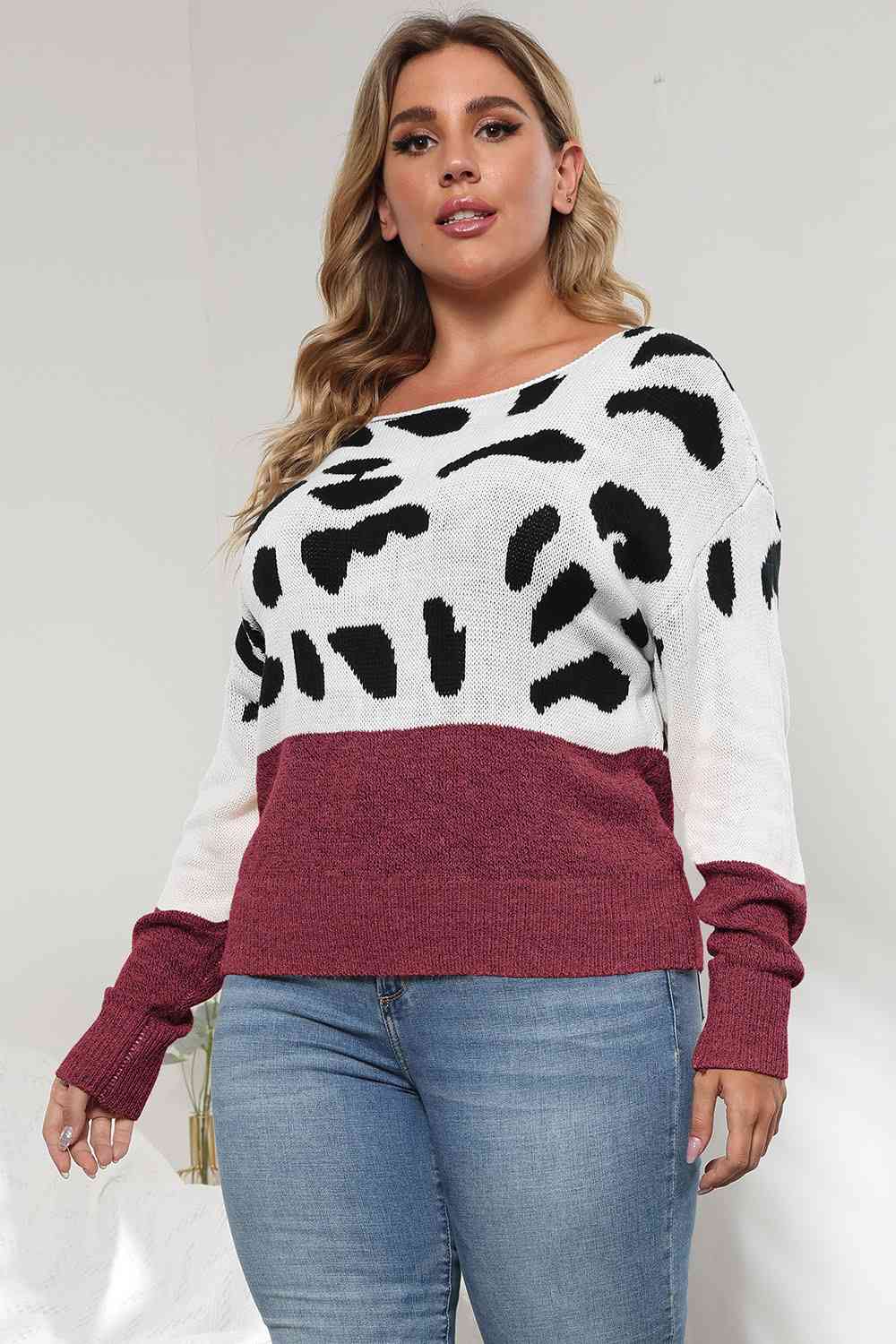 Plus Size Leopard Round Neck Long Sleeve Sweater - Deals DejaVu