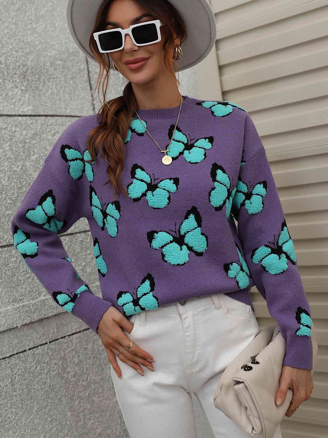 Woven Right Butterfly Dropped Shoulder Crewneck Sweater - Deals DejaVu