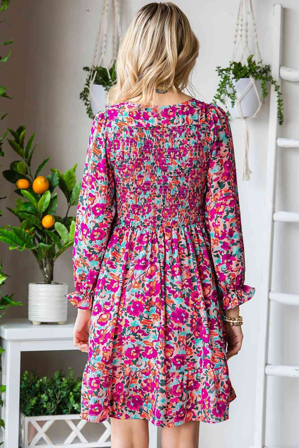 Floral Smocked V-Neck Flounce Sleeve Dress (MWBT) T - Deals DejaVu