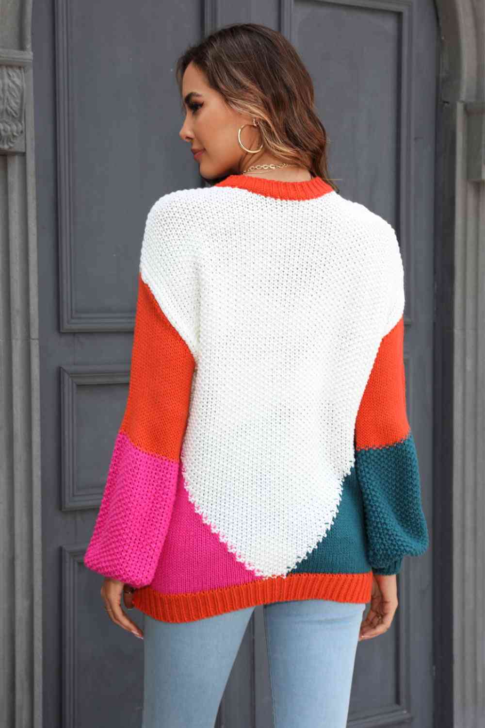 Double Take Color Block Round Neck Drop Shoulder Sweater - Deals DejaVu