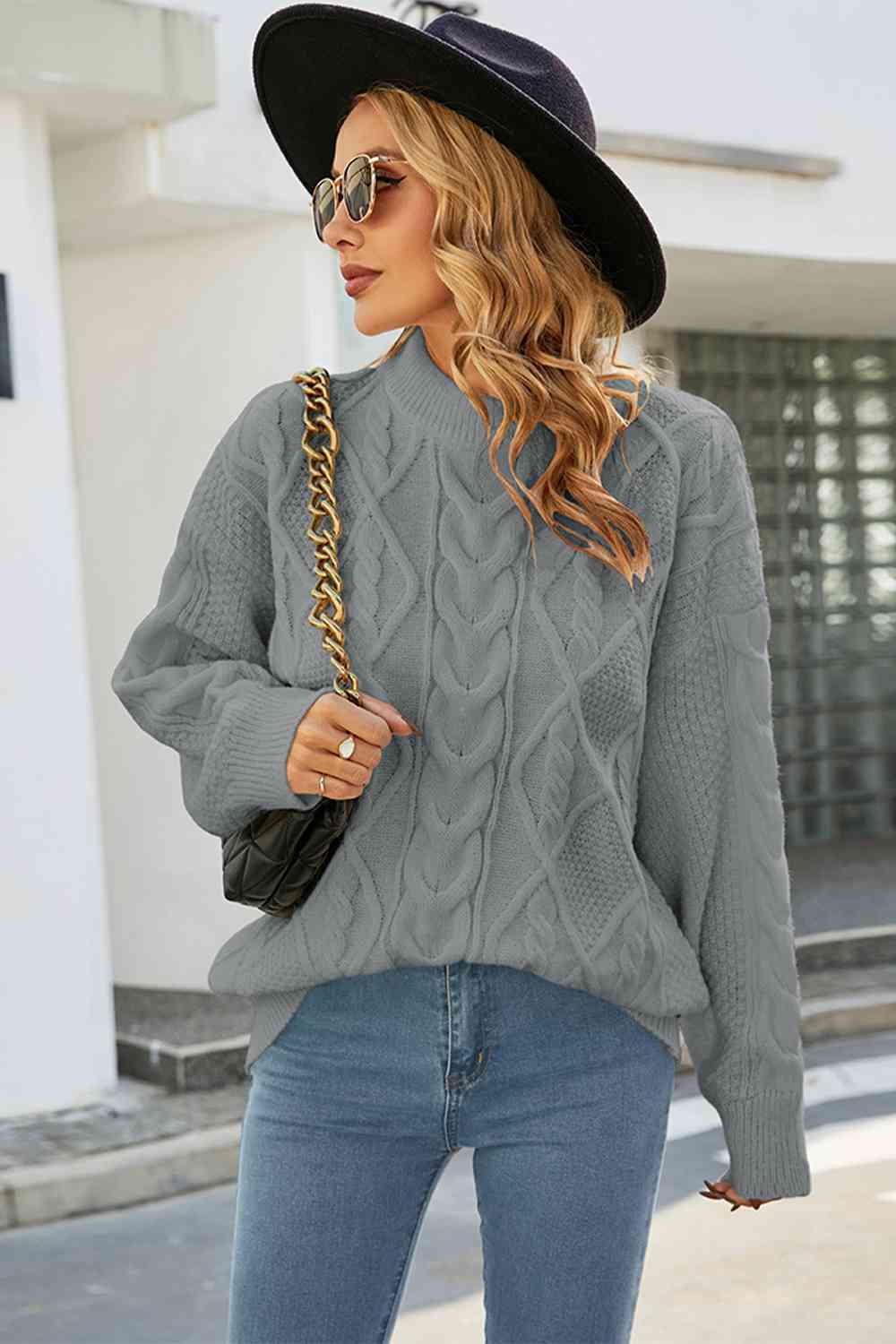 Cable-Knit Round Neck Long Sleeve Sweater - Deals DejaVu