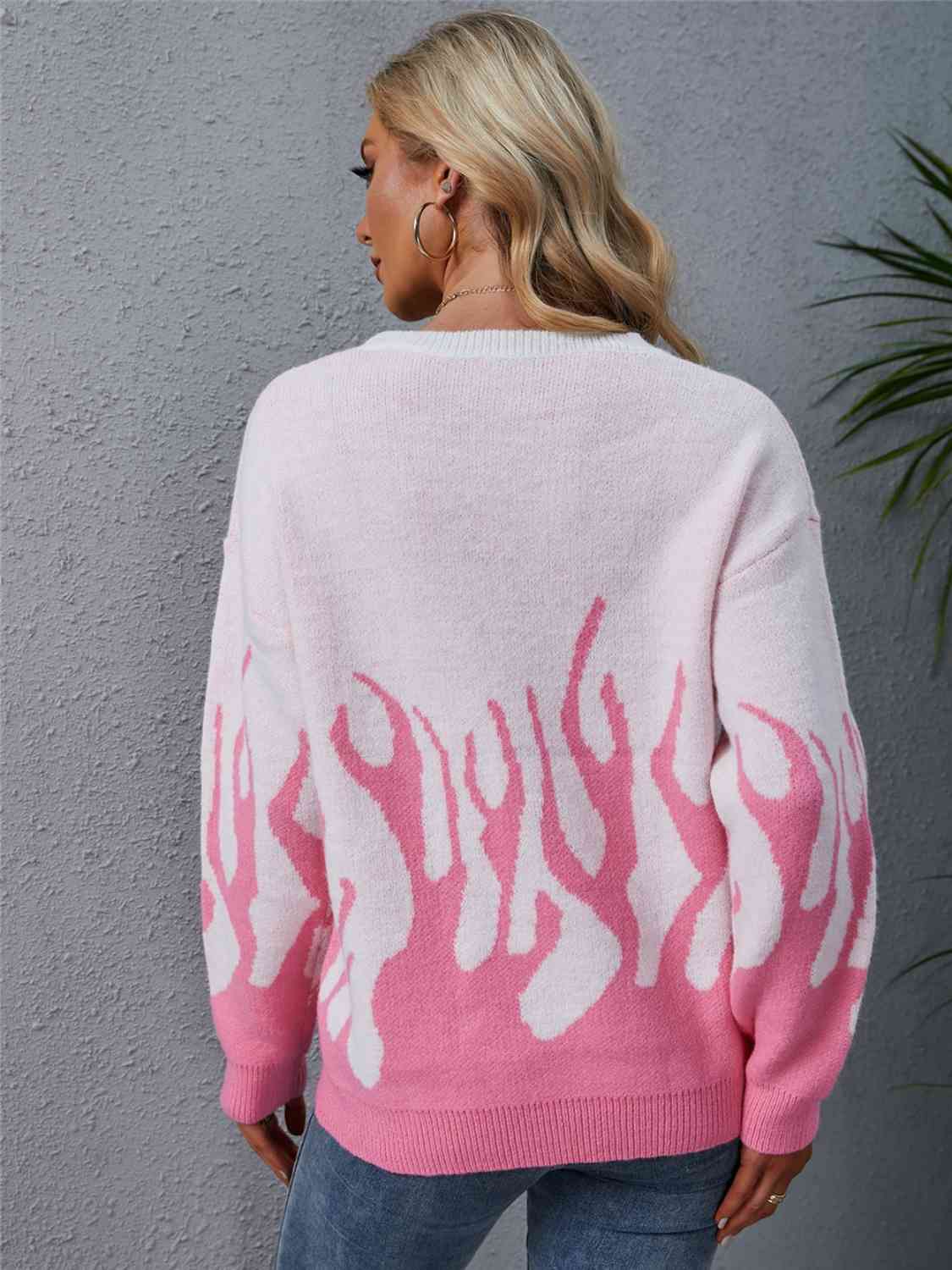 Printed Round Neck Long Sleeve Sweater - Deals DejaVu