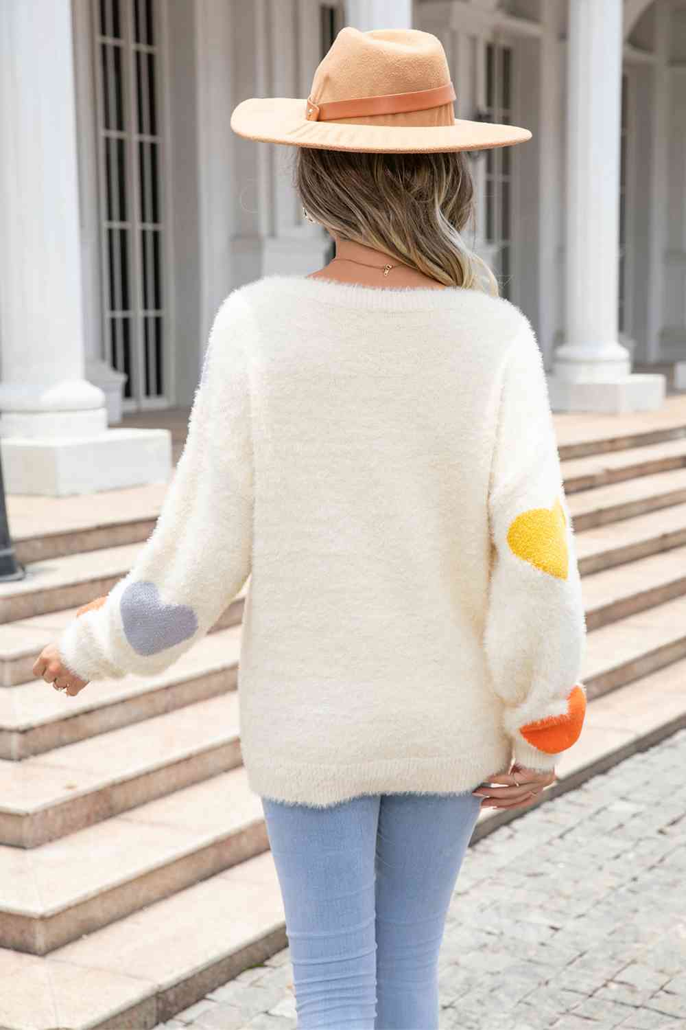 Heart Pattern Round Neck Long Sleeve Sweater - Deals DejaVu